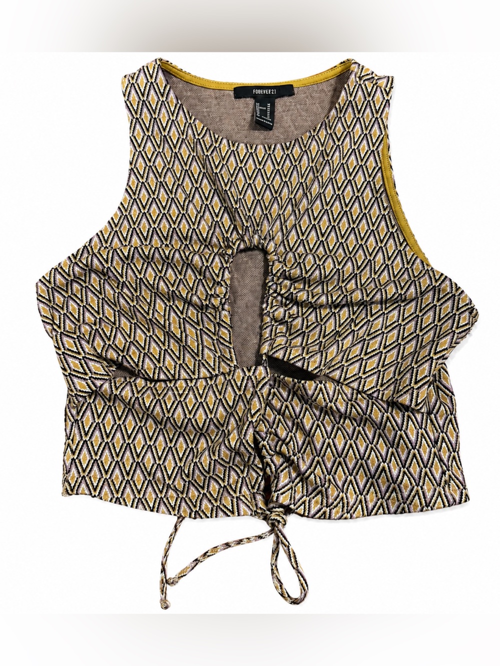 Forever 21 Yellow, Black & Cream Geometric Tie-Front Crop Top